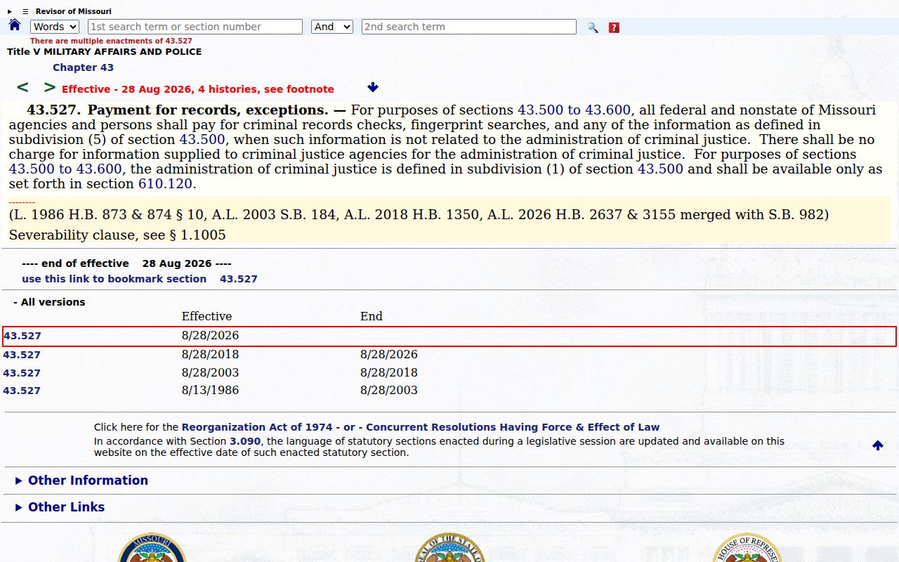 Vernon County arrest history and Missouri repository law